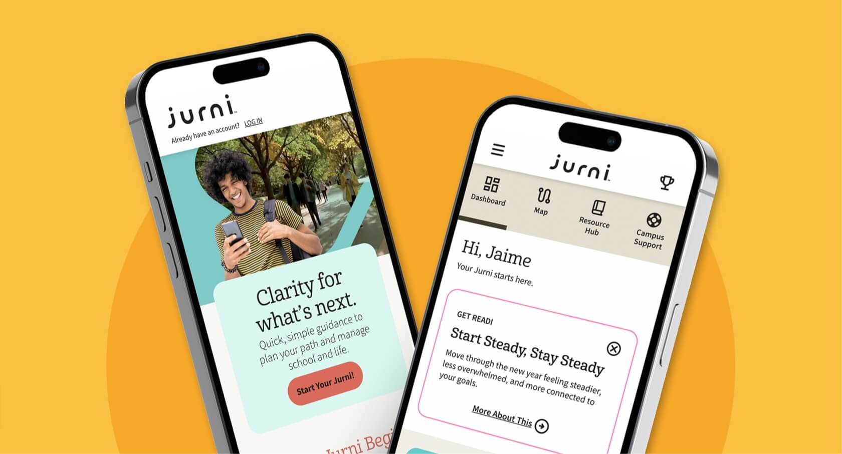 A pare of smart phones with the Jurni website and application on their screen